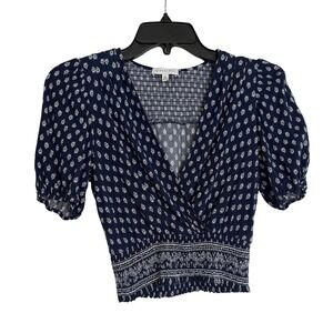 Gianni Bini Navy White Geometric Print Smocked Cropped V Neck Puff Sleeve Top XS